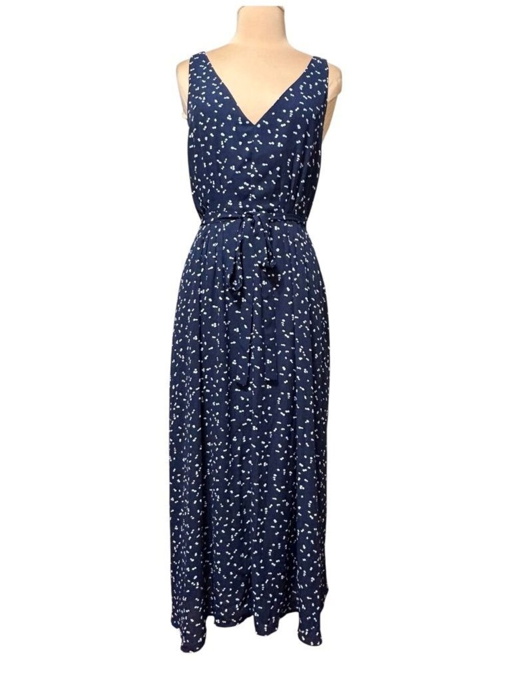 Maison Jules Polka Dot Midi Dress M Pleats V Neck Chiffon Navy Classic Preppy